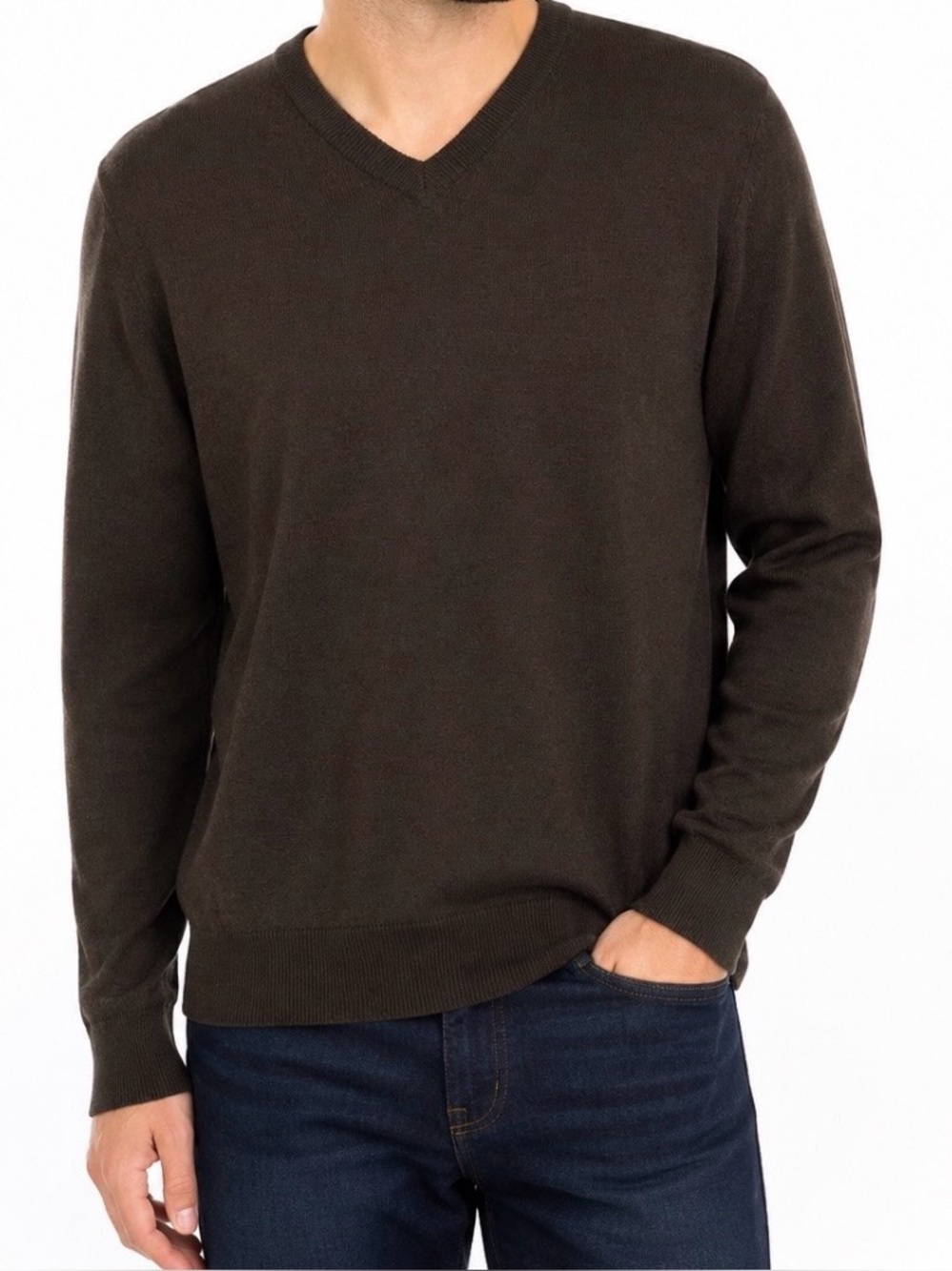 Bonobos Men's V-Neck Sweater in Dark Brown Extra Fine 💯 Merino Wool